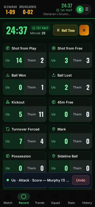 The Record screen mid-match: a tally for each event, Us and Them, with the clock at 24:37.