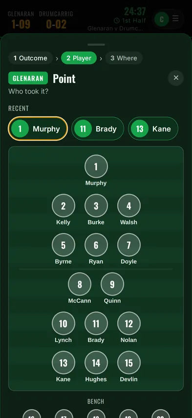 Pick the player: recent players at the top, then the team laid out on a pitch.