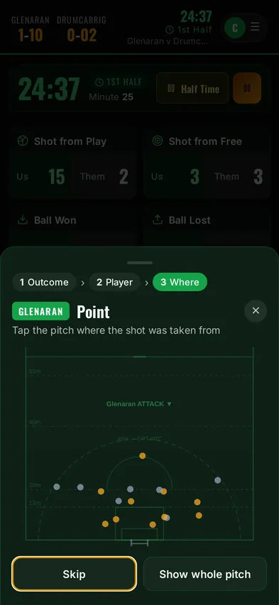 Tap the pitch where the shot was taken from, or skip.